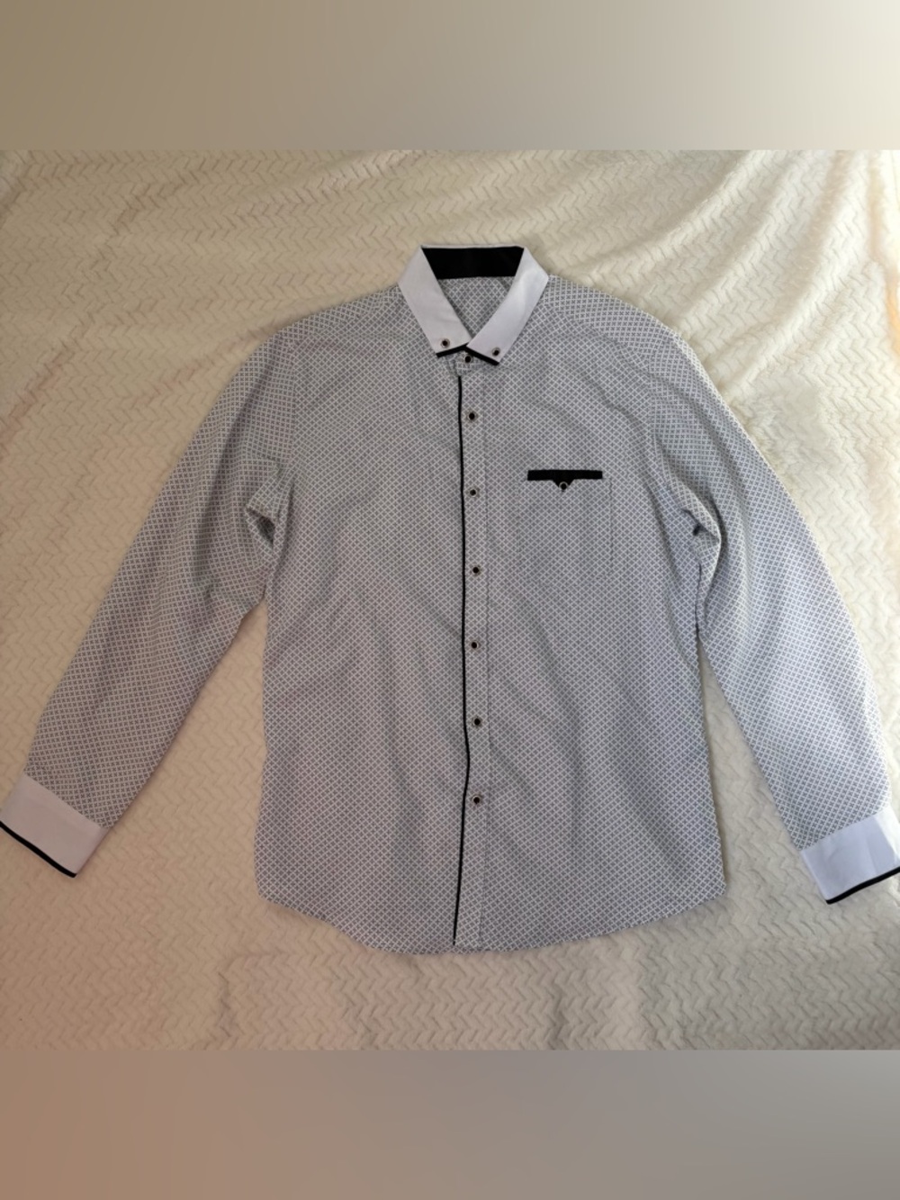 Men's White Micro-Pattern Button-Down Shirt with Black Trim